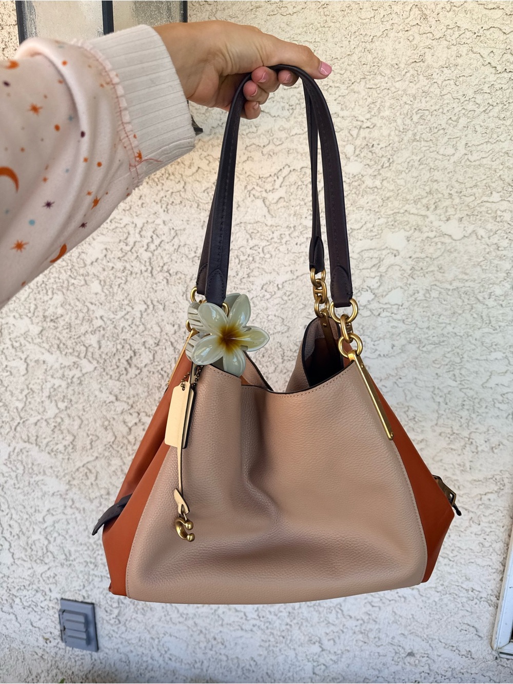 Coach Two-Tone Pebbled Shoulder Bag in Beige and Rust with Dark Handles
